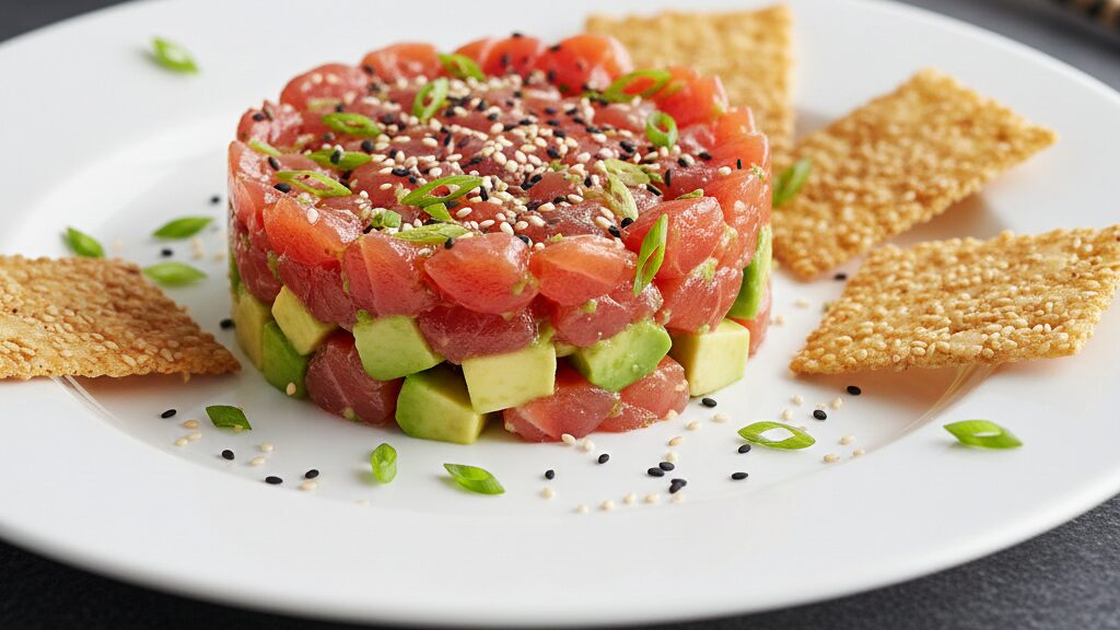 Lachs-Tartar mit Avocado & Sesam-Crackern